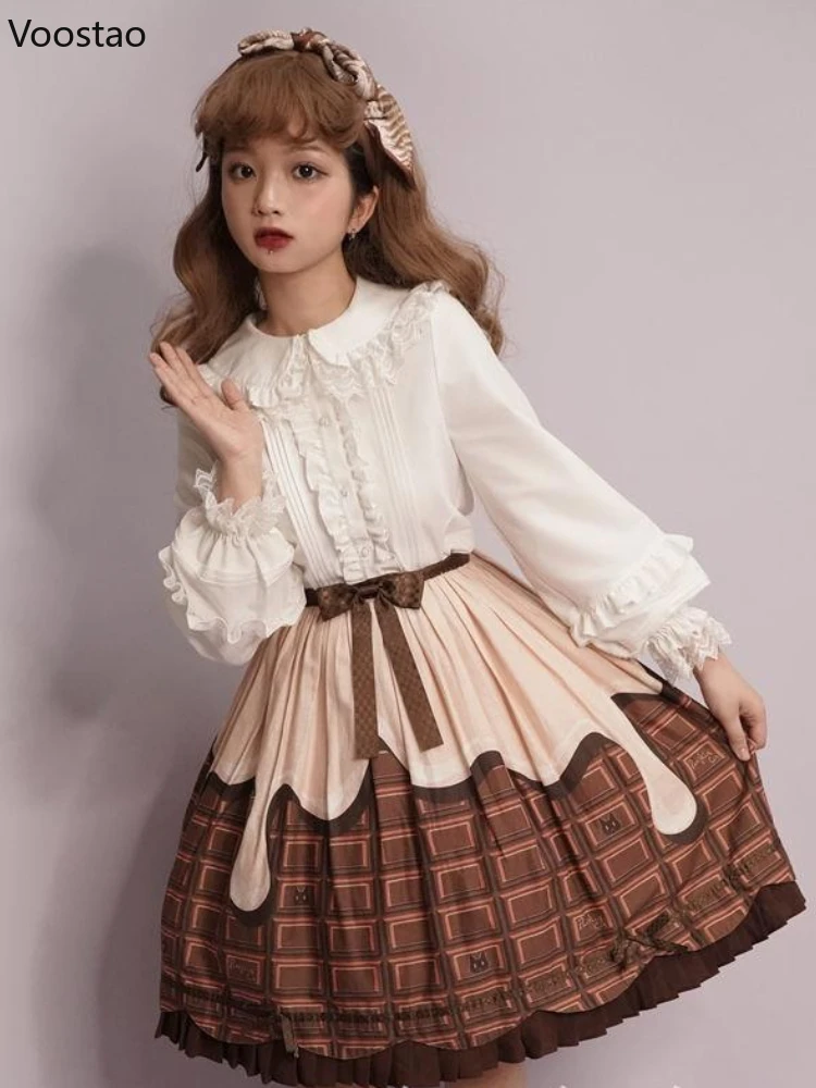 Autumn Kawaii White Peter Pan Collar Lolita Blouses Women Japanese Sweet Lace Long Sleeve JK Shirts Spring Chic Thickened Tops