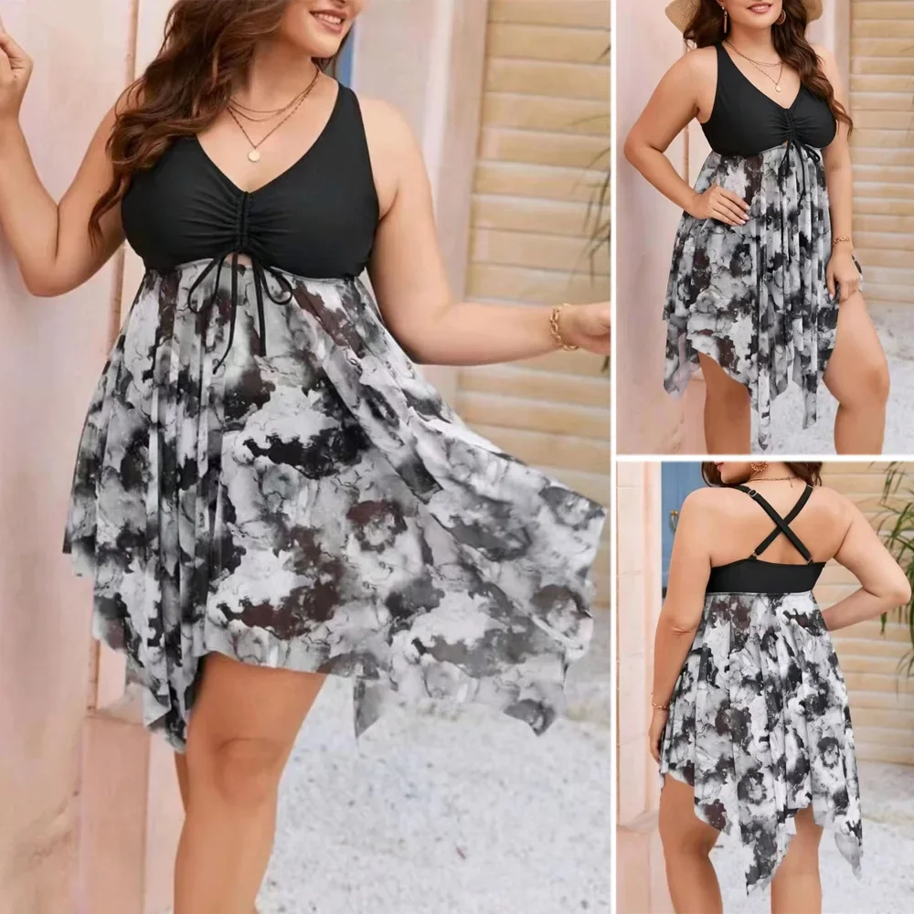 Plus Size 4XL New Women Sexy Swimwear One Piece Bikini Swimsuit with Skirt Tummy Control Bathing Suit Plus Size Swimdress
