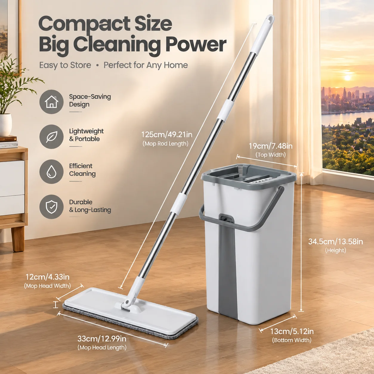 Gray Flat Mop Set With A Telescopic Handle And Reusable Cleaning Cloths