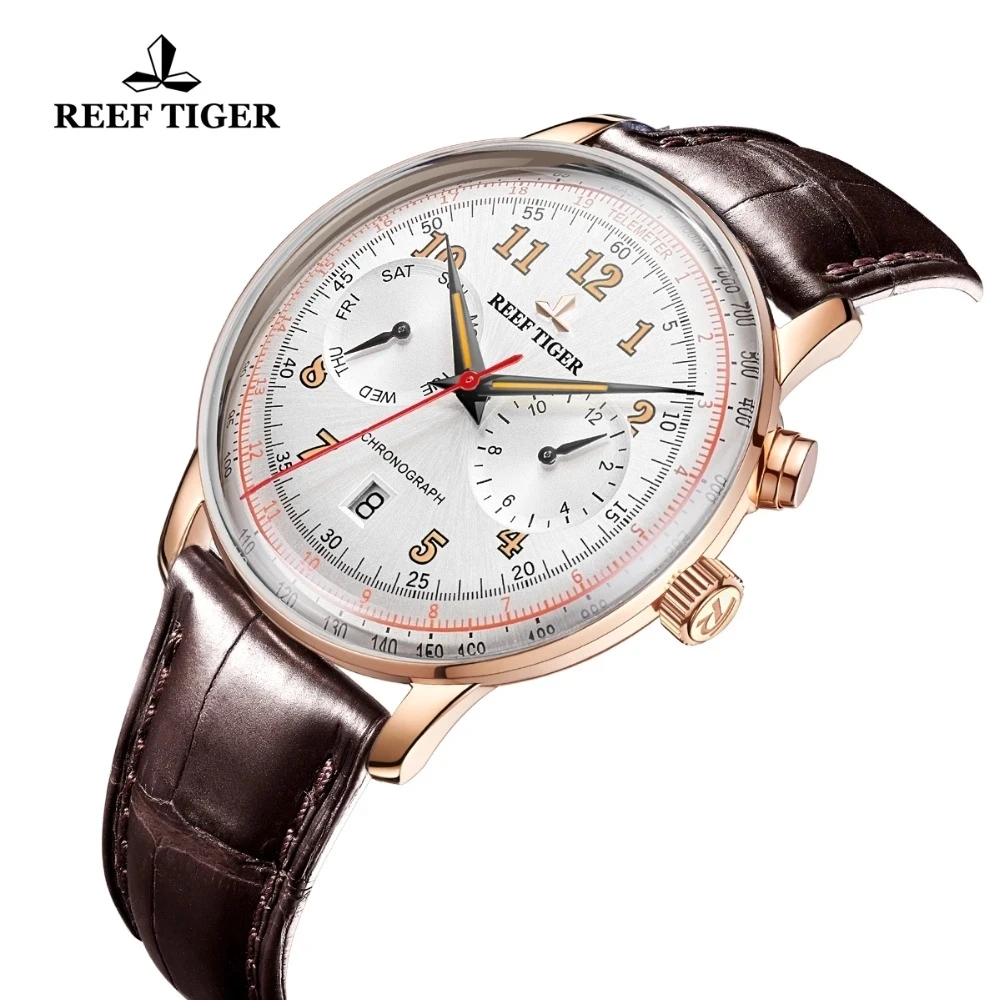 

Reef Tiger/RT Элитный бренд Винтажные мужские часы Корпус из розового золота Коричневый кожаный ремешок Светящиеся водонепроницаемые автоматические механические часы