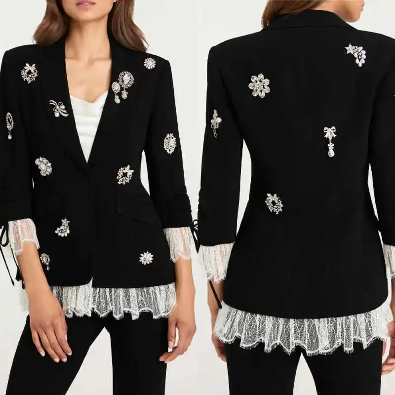 

Fashion Crystals Women Suits One Button Jacket Blazers Lace Office Ladies Work Plus Size Birthday Party 2 Pieces Customized