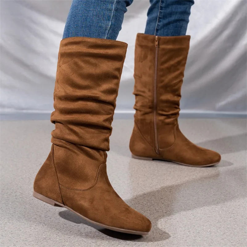 

New women's autumn knee high boots, black and white high boots, women's pleated low-heeled casual leather women's long shoes