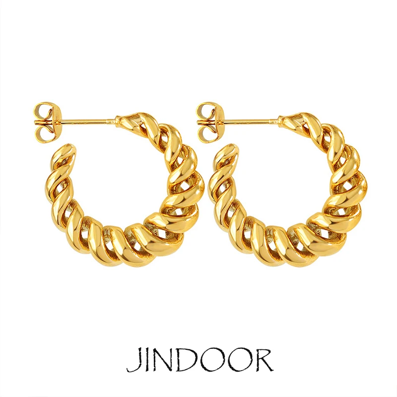 JINDOOR Titanium Steel Plated 18k Gold Trendy Twist Thick Hoops, Classic Silver Ladies Earrings