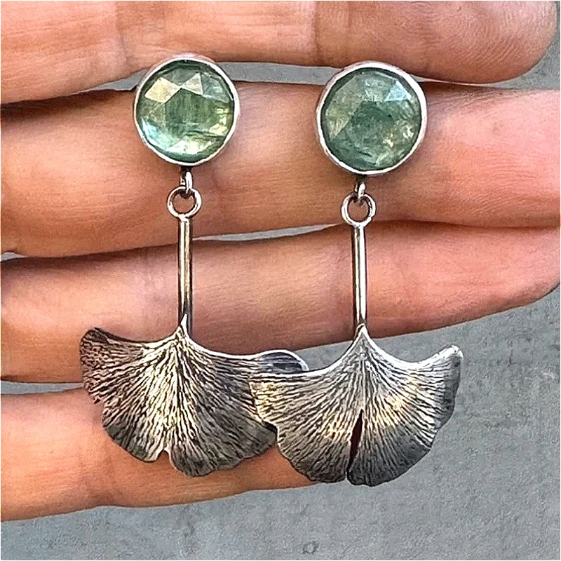 Vintage Handmade Silvery Plated Ginko Shaped Pendant Earrings Women Fashion Temperament Festival Celebration Jewelry Accessories