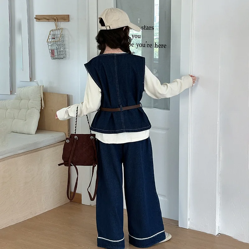 Denim Vest Three-piece Set Grils Children Autumn New Fashionable Korean Loose Casual Solid Sweet Comfortable Soft