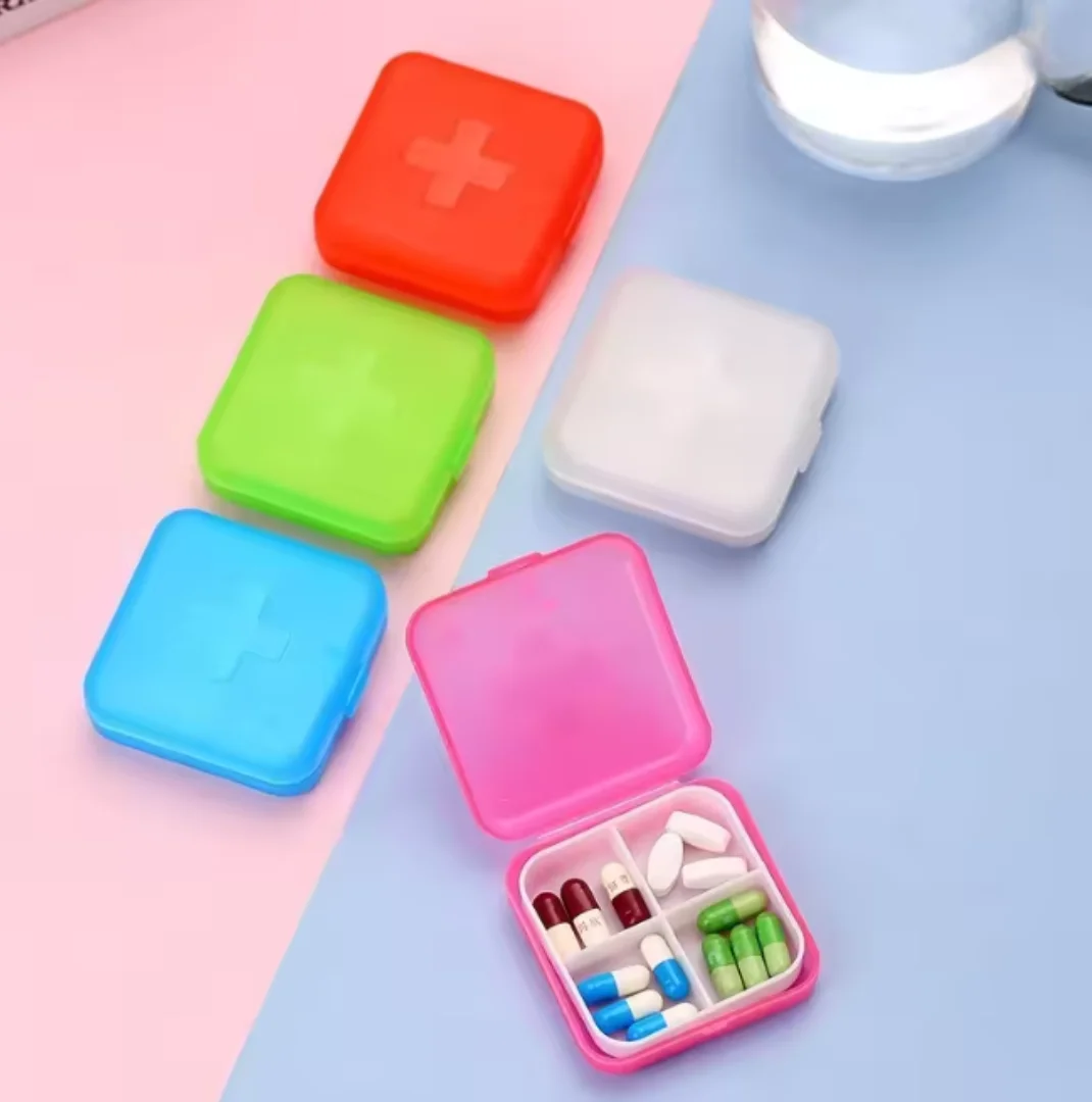 Portable 4 Grids Weekly Pill Organizer Box, Mini Plastic Pill Case for Home Travel, Solid Color Medicine Storage image 3