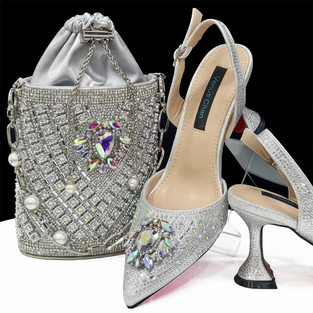 

2024 New High-Quality African Sliver Color Women Shoes Matching Bag Set Sandals with Shinning Crystal for Wedding Party