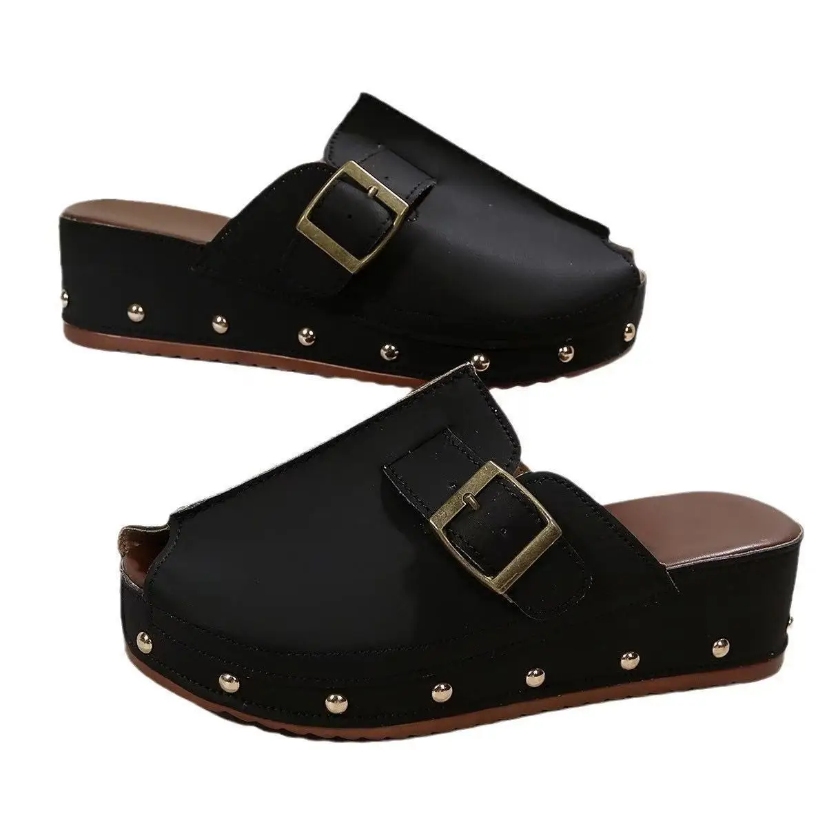 

Studded Platform Clogs for Women Open Toe Wedge Mules with Adjustable Buckle Boho Casual Sandals