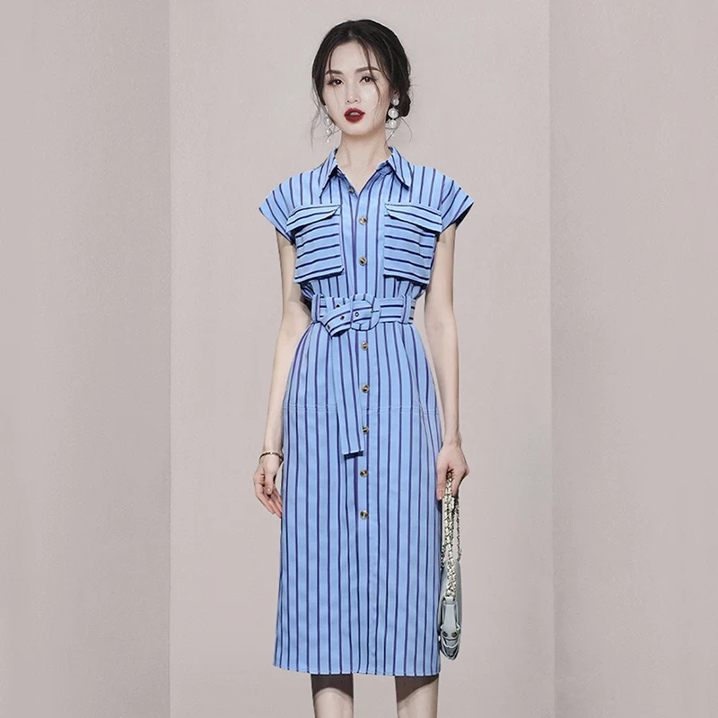 2023 Summer Blue Striped Shirt Dresses Fashion Designer Women Lapel Single Breasted Pockets Ladies Office Midi Dress With Belt