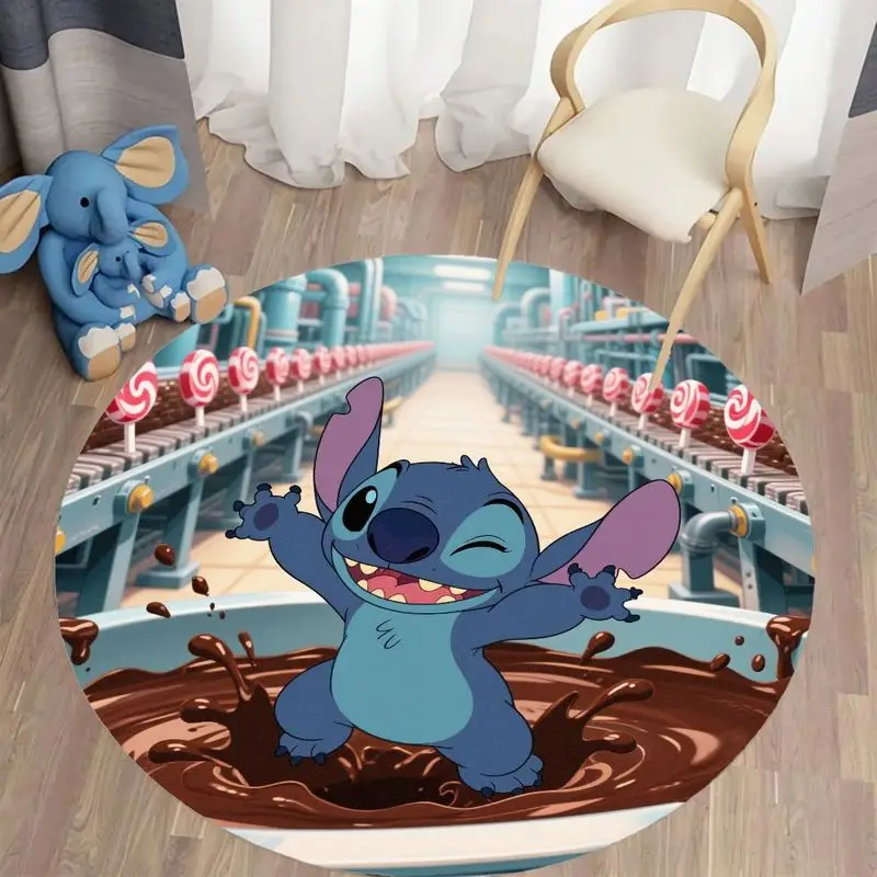 

1 шт., круглый ковер Disney Stitch в шоколадной фабрике, нескользящие коврики с героями мультфильмов аниме, игровой коврик в помещении и на открытом воздухе, полиэстеровый ковер для