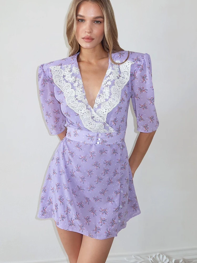 

JULISSA MO Patchwork V-neck Lace Women Dress Purple Short Sleeve Print Floral Dress Female Autumn Slim Elegant Party Club Dress