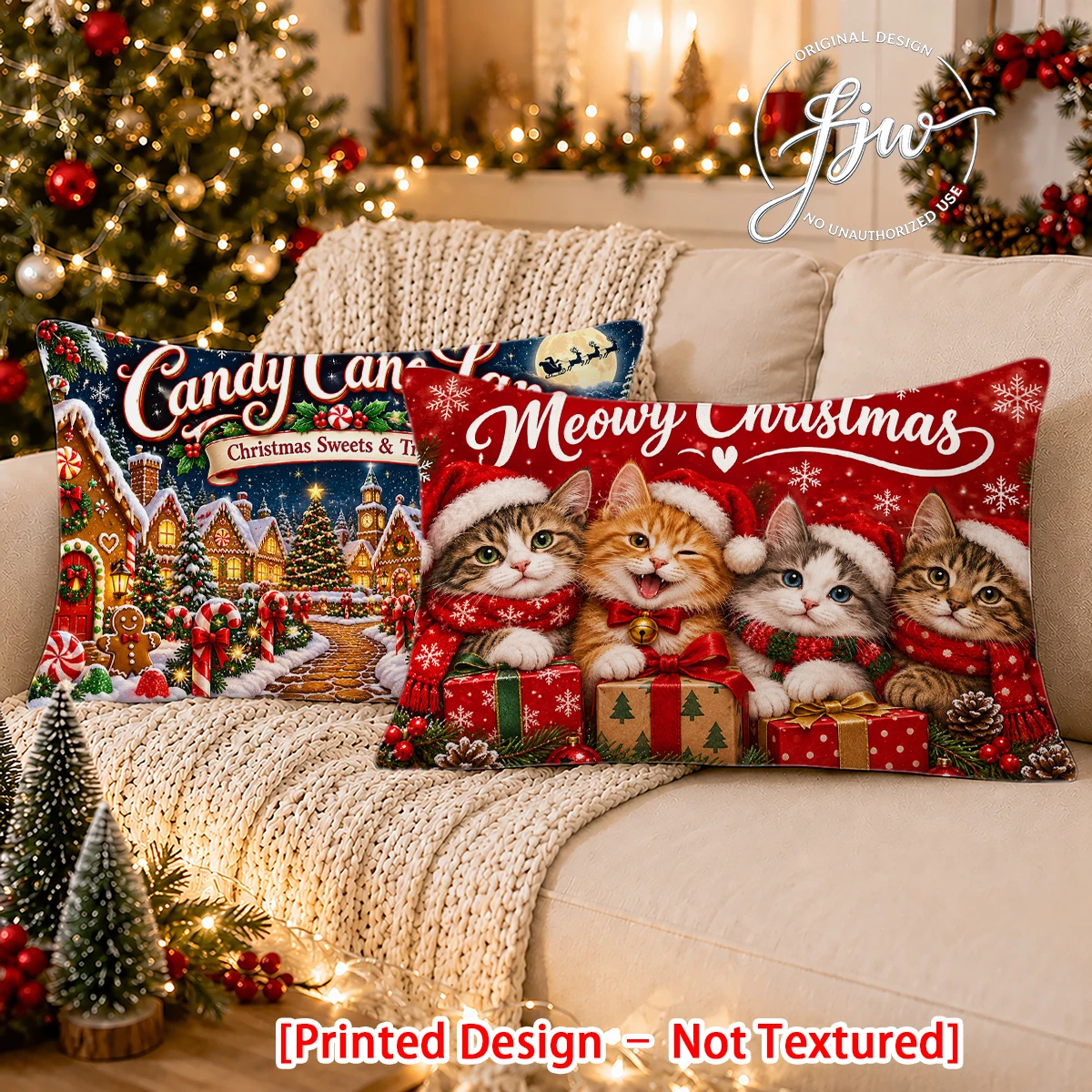 2pc Set of 2 Christmas Cat & Candy Cane Lane Decorative Throw Pillow Covers