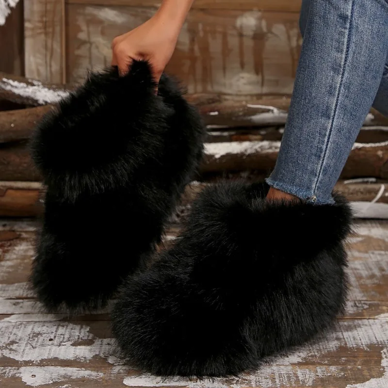 Inverno donna Fluffy Faux Fox Fur Boots donna peluche stivali da neve caldi calzature di lusso ragazze Furry Fur Bottes Fashion Winter Shoe