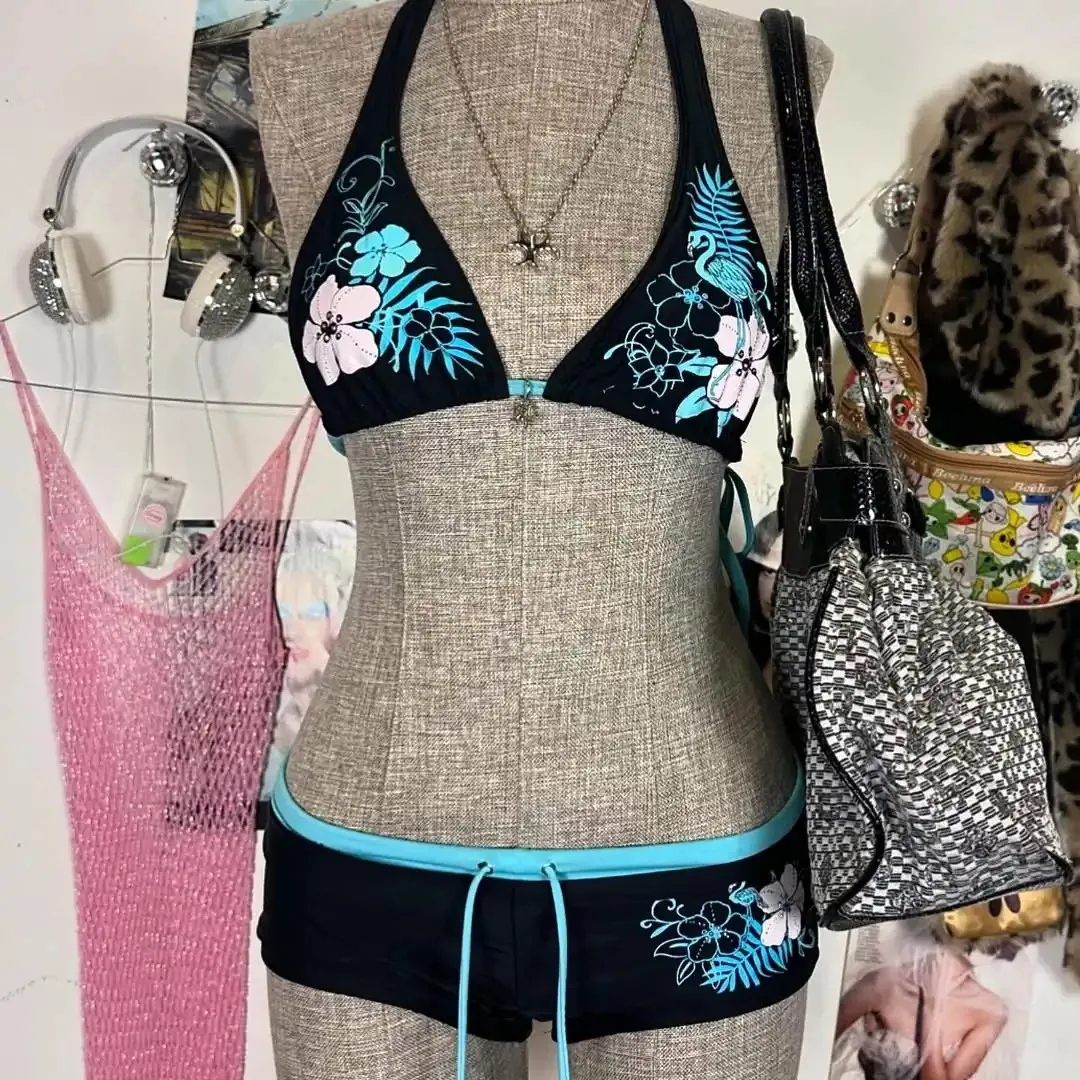 

UETEEY 2025 New Summer Swimwear Bikinis Set Sexy Printed Lace Back Naked Bikini 2 Pieces Set Women's Swimwear Slit Beach Bikini