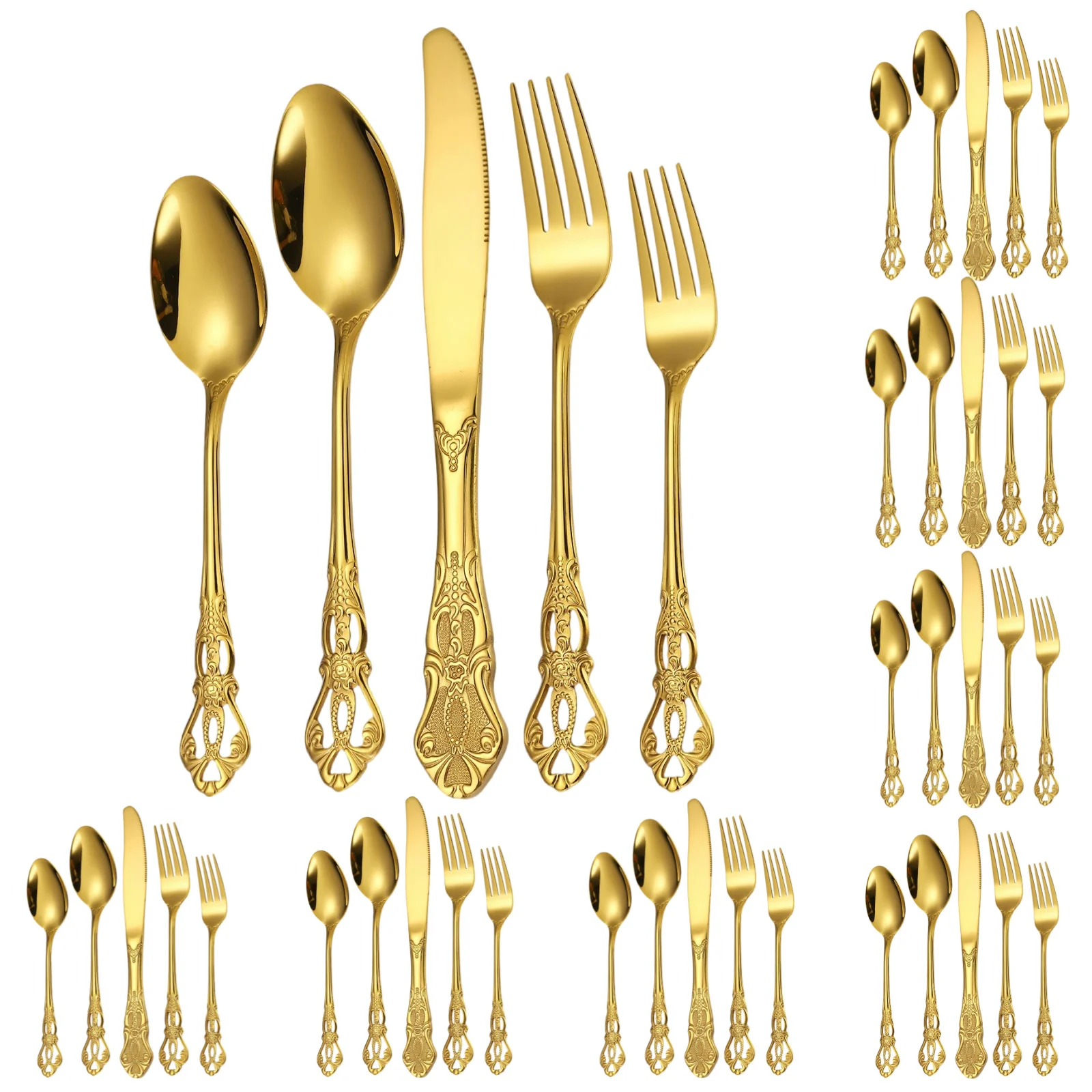 

A · HOUSEWARE Gold Royal Ornate Silverware Set for 8 Stainless Steel Flatware Cutlery Tableware 40 Pieces Elegant Retro Utensils