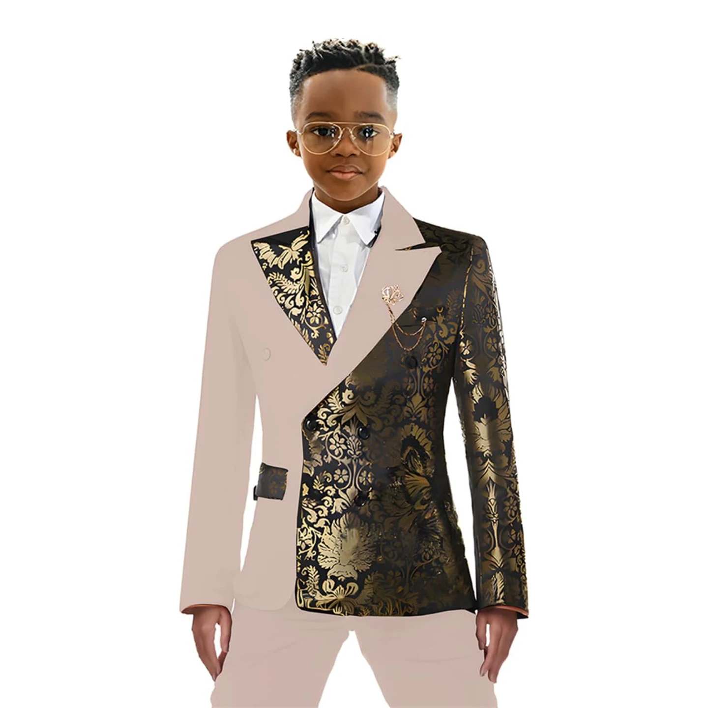 Floral Boys Suits Double Breasted Jacquard Stitching Wedding Tuxedo Slim Fit Tailored Suit 2 Pieces Party Graduation Ceremony