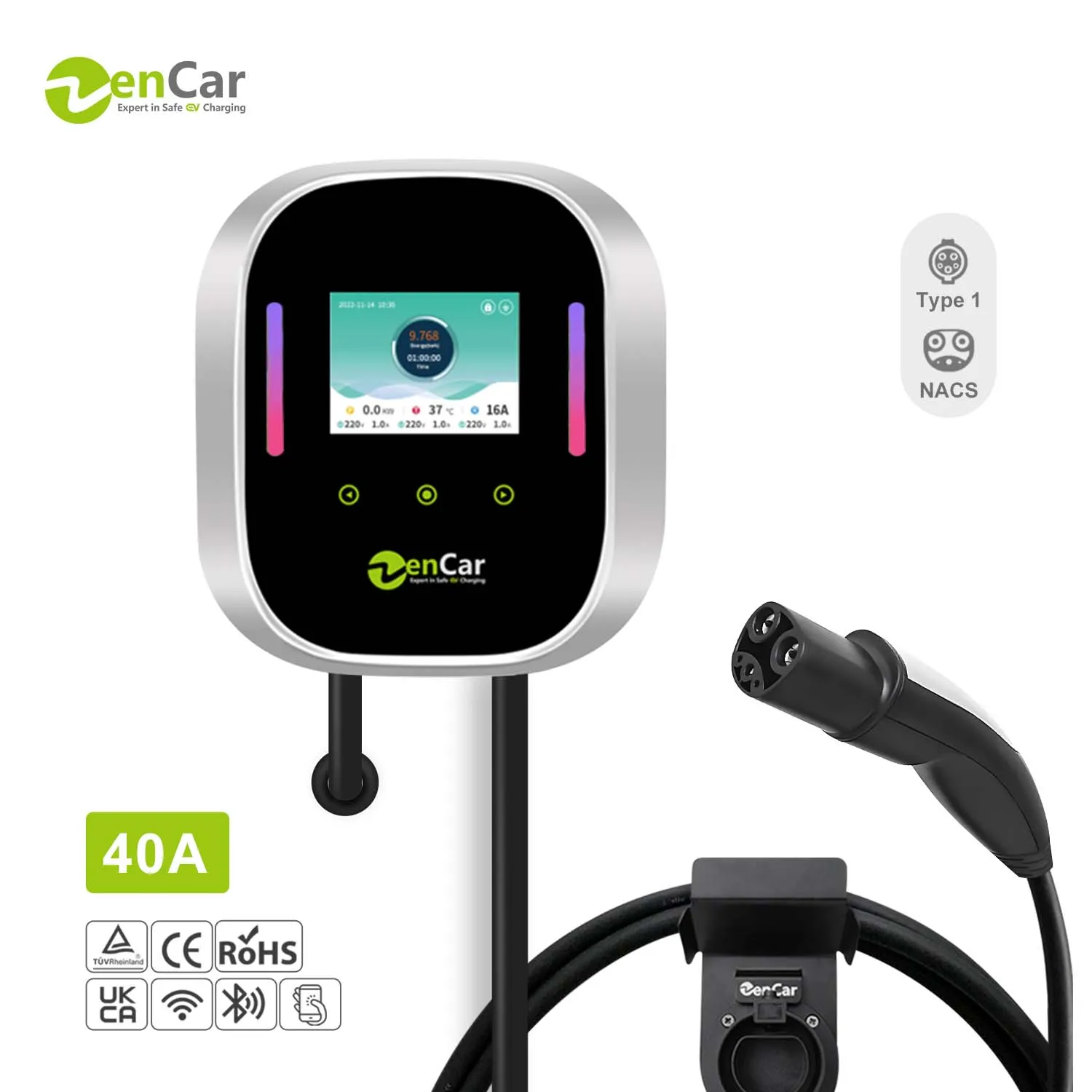 NACS 40A Type 1 EV Wall Charger Smart WiFi App-controlled Wallbox Load Balance With 5m UL Cable Extension