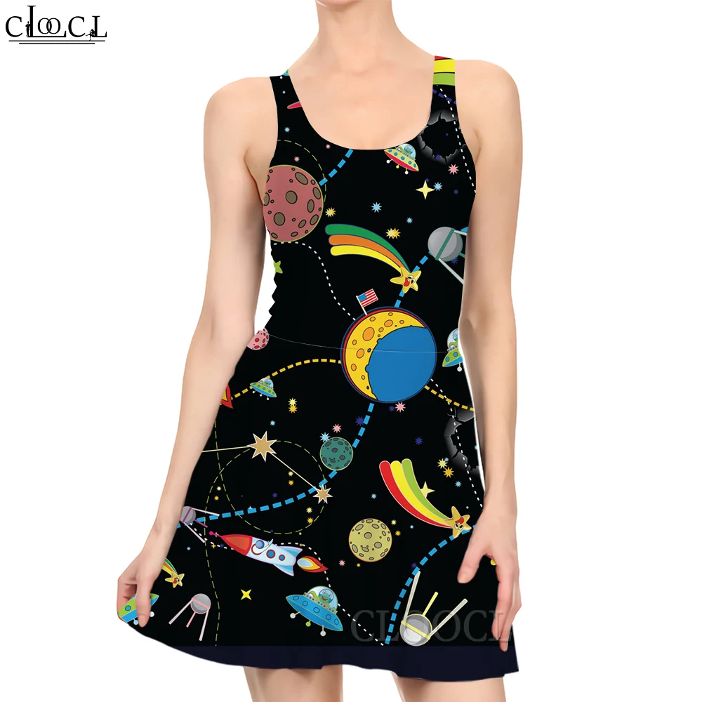 CLOOCL Fashion Casual Cartoon Astronaut Dress 3D Printed Summer Women's Sexy Dress Sleeveless Pleated One-piece Beach Dresses