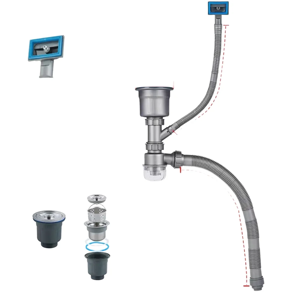304 Stainless Steel Drain Pipe for Double Basin Kitchen Sinks with Overflow Hole S Trap and 480mm Center Fit Range