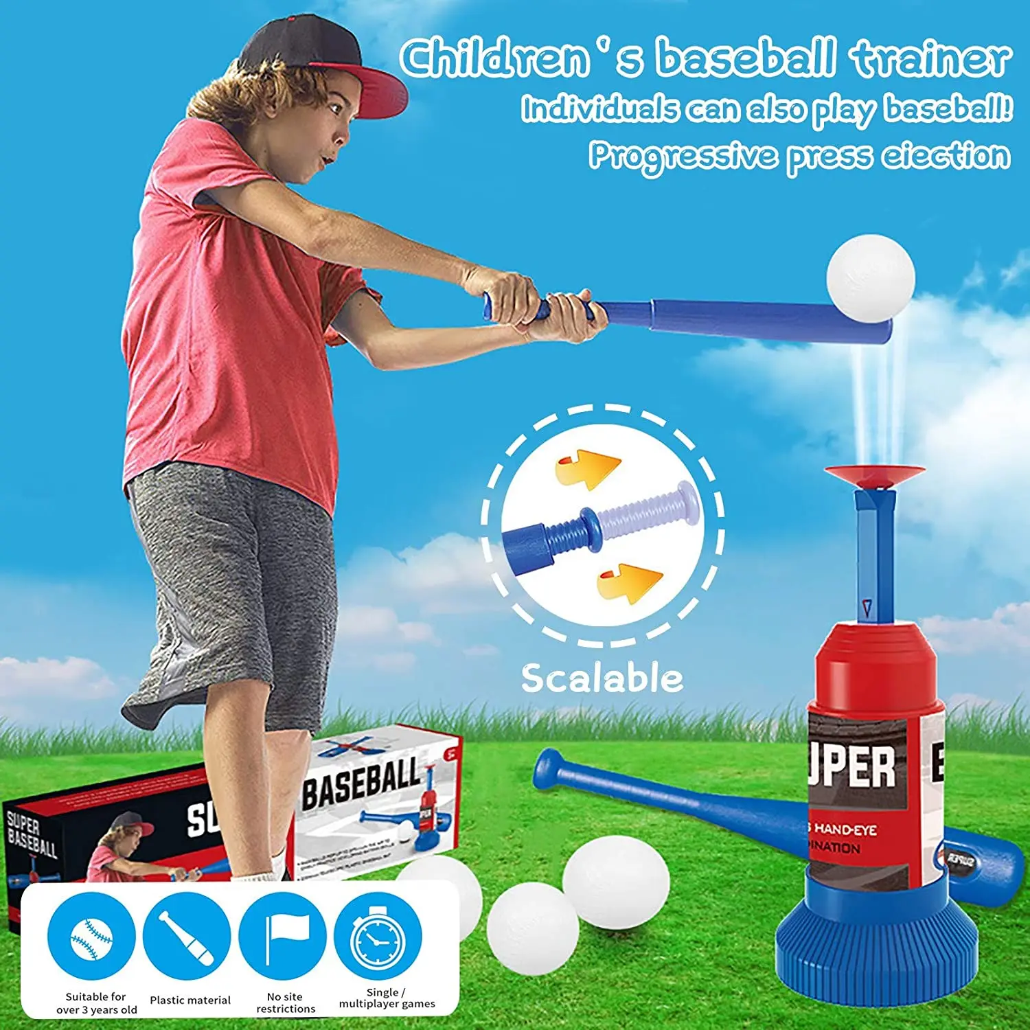 

Sport Baseball Toy T-Ball Pitching Machine with 3 Plastic Balls 1 Bat and Ball Launcher Kids Outdoor Play Exercise Batting Skill