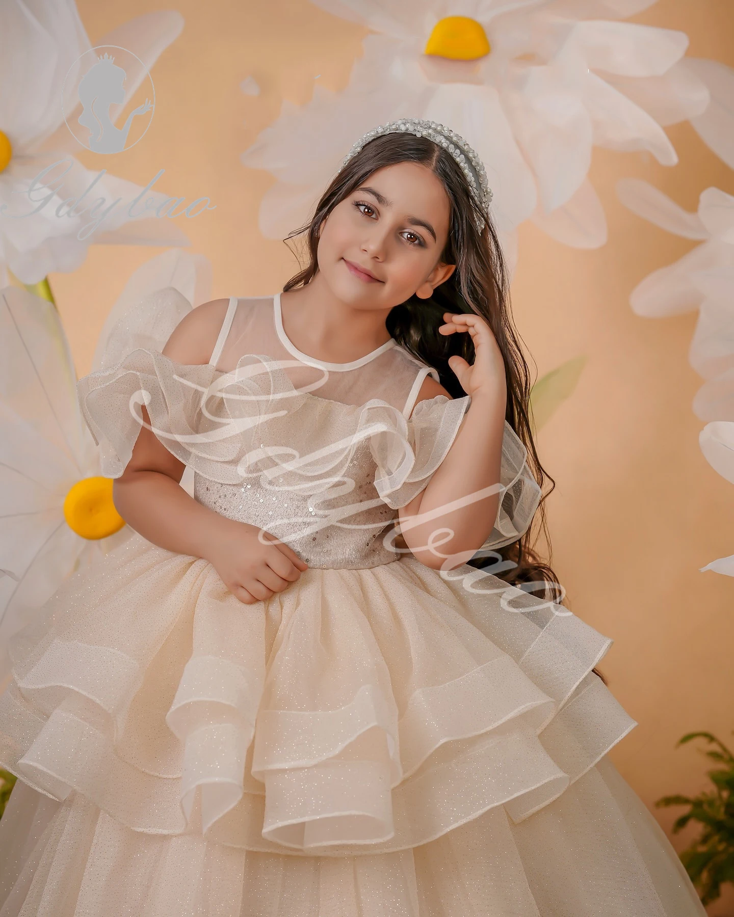 Champagne glitter vestido da menina de flor para o casamento tule inchado babados princesa crianças festa aniversário primeira comunhão vestidos baile