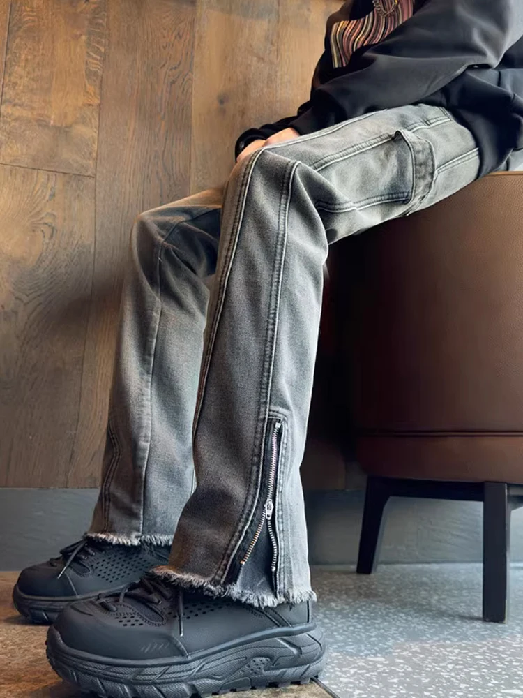 

Retro American Sle Men's Slim Straight Jeans Frayed Hem Micro Flared Long Trousers Trendy High Street Zipper Casual Pants