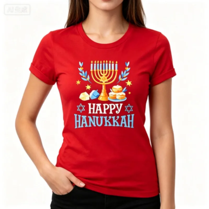 Female Slim Fit Crew  Tshirt Happy Hanukkah Traditional Jewish Symbols Pattern Holiday Gift Streetwear Casual Short Sleeve Top