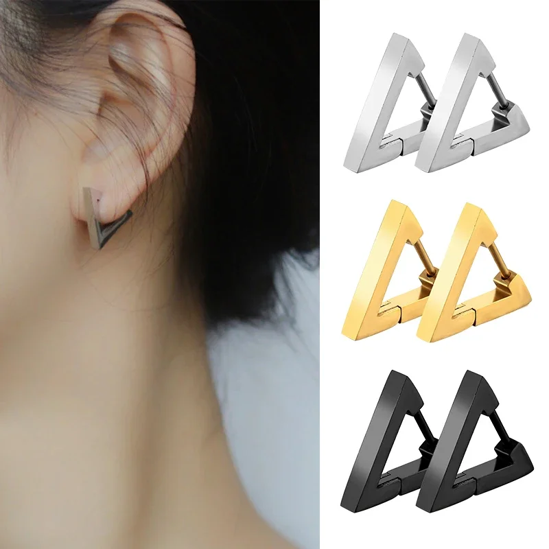 1 Pair Stainless Steel Geometric Triangle Unisex Punk Rock Earrings Women Men Piercing Push-Back Clip Ear Rings Party Jewelry