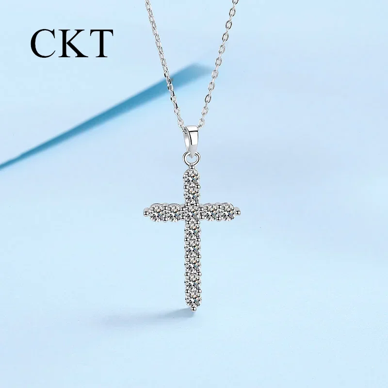 18K White Gold Platinum Cross Pendant Pt950 Necklaces for Women 0.36-3.6 Carat Moissanite Chain Sparkling Wedding Jewelry