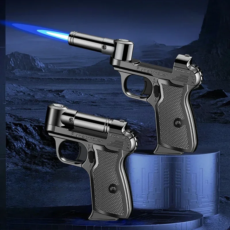 New Outdoor Foldable and Rotating Inflatable Lighter Metal Windproof Jet High Power Blue Flame Butane Gas Kitchen Lighter