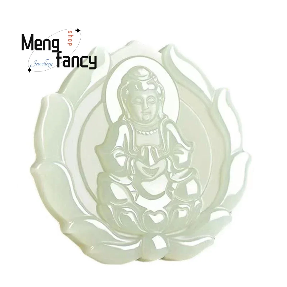 

Natural Hetian White Jade Goddess of Mercy Pendant Exquisite Elegant Simple High-grade Luxury Fashion Jewelry Buddhist Amulets