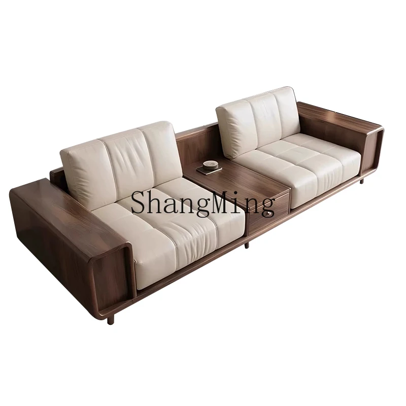 

ZYY new Chinese-style solid wood sofa, living room straight row three-person black walnut leather sofa