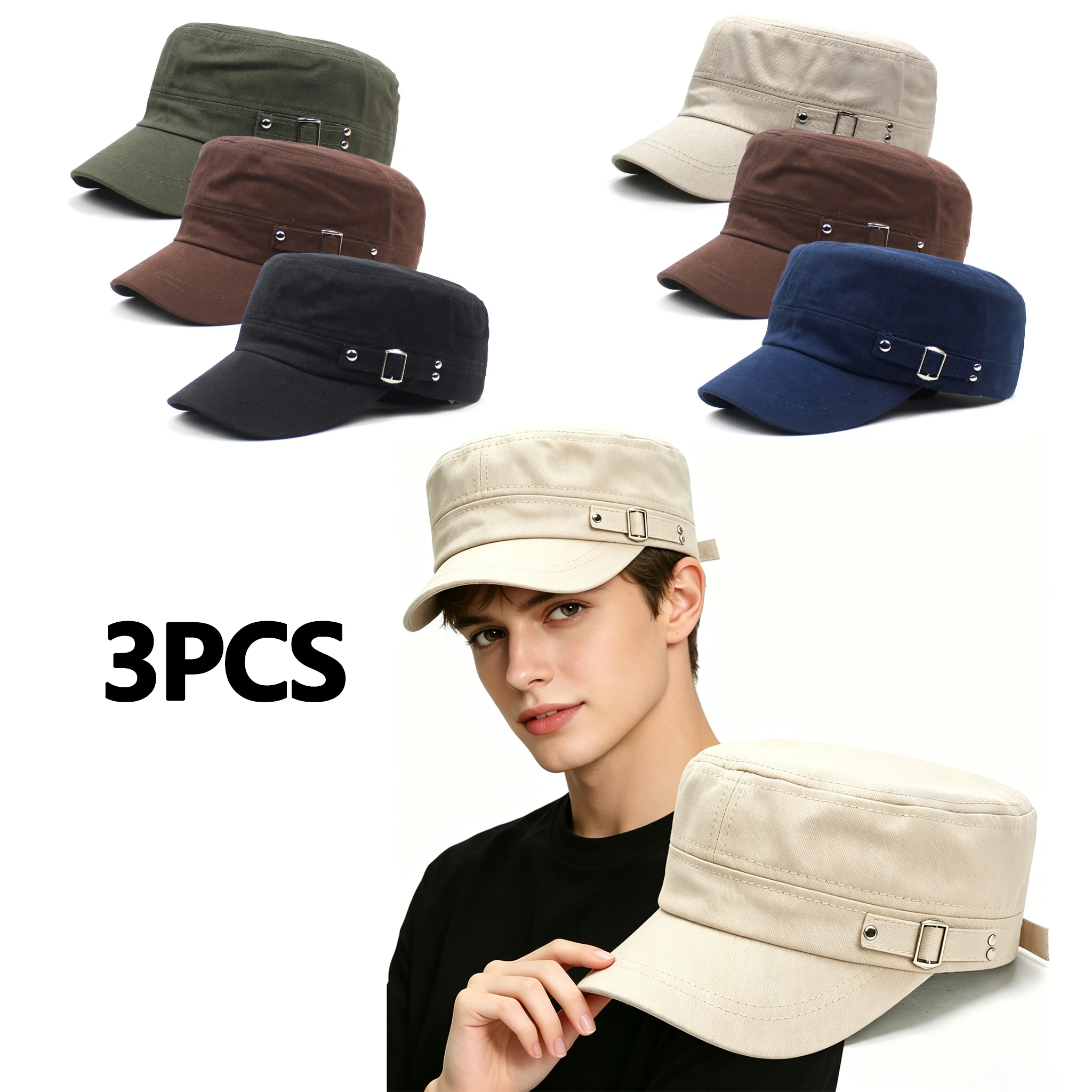 3PCS Army Cap Men Women Pure Color Washed Cotton Flat Top Cap Summer Autumn Adjustable Chapeau Visor Hat