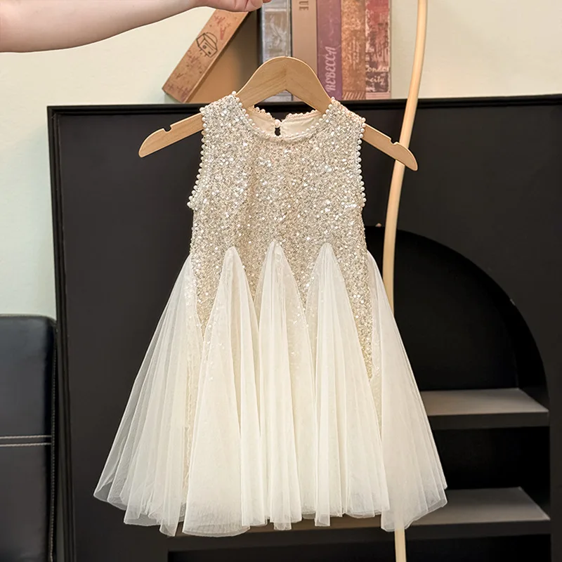 2026 New Summer Kids Girl Party Dresses Children's Elegant Mesh Flare Sleeves Sequined Tank Top Round Collar Princess Skirt