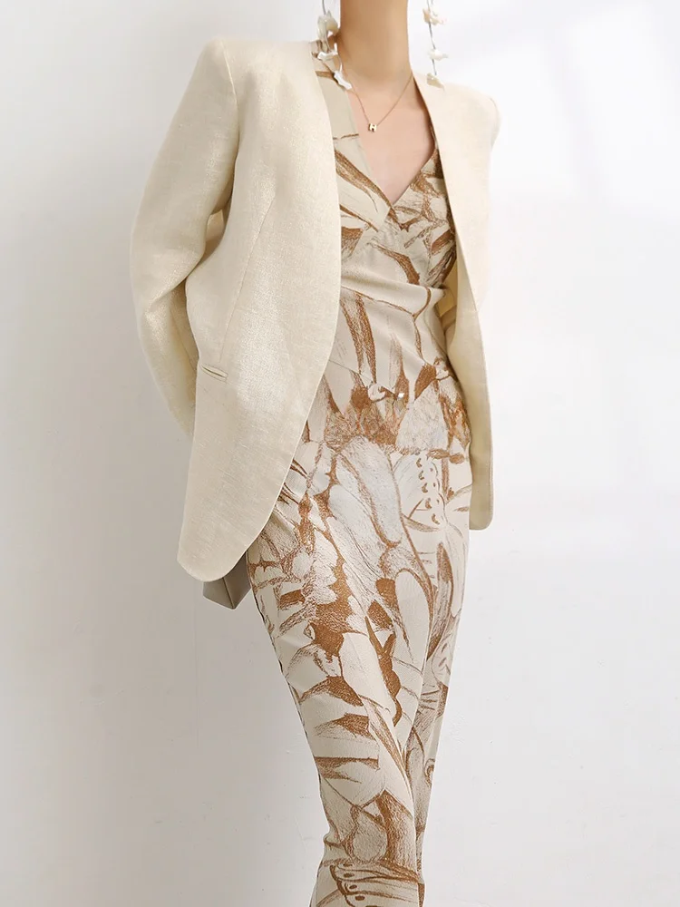 VB Simple Spring Edition Tee-Dimensional Tailoring No Collar Gold Tead Linen Suit Sunscreen No Button oulder Pad Loose...