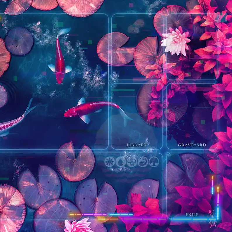 Playmat Lotus Kamigawa com zonas 23,6 "X 13,8" Vaporwave Glitch Koi Pond Mousepad Gamer Acessório de escritório Tapete de teclado Tapete de mesa