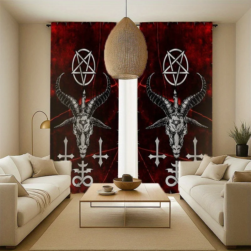 2pc Gothic Blackout Curtains – Pentagram & Baphomet Print, Deep Red & Black for Bedroom, Living Room & Office
