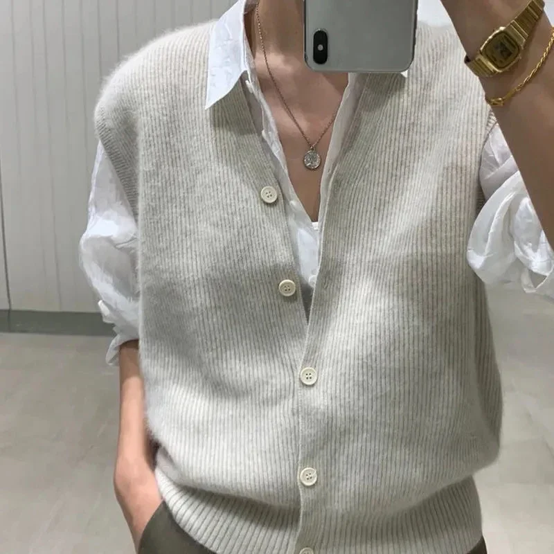 V-neck Sleeveless Sweater Solid Color CardiganVest Women Autumn Winter Top Casual Knitted Vest Clothing Button Sweater Cardigan