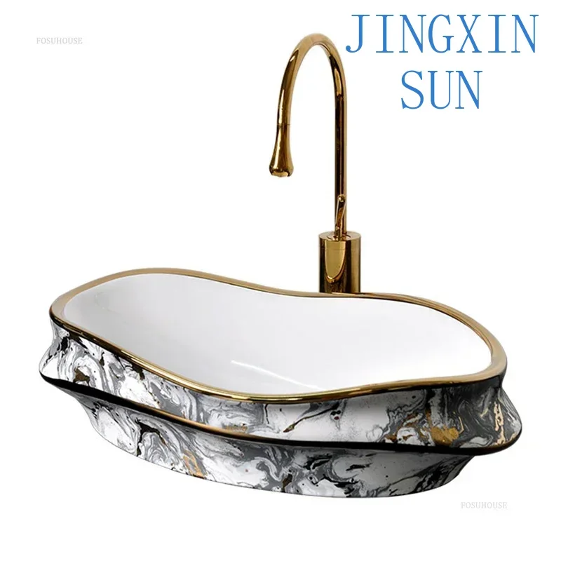 Wave Shaped Irregular Bathroom Sinks Countertop Sink Light Luxury Ceramic Single Basin Home Balcony Washbasin Bathroom Fixture B