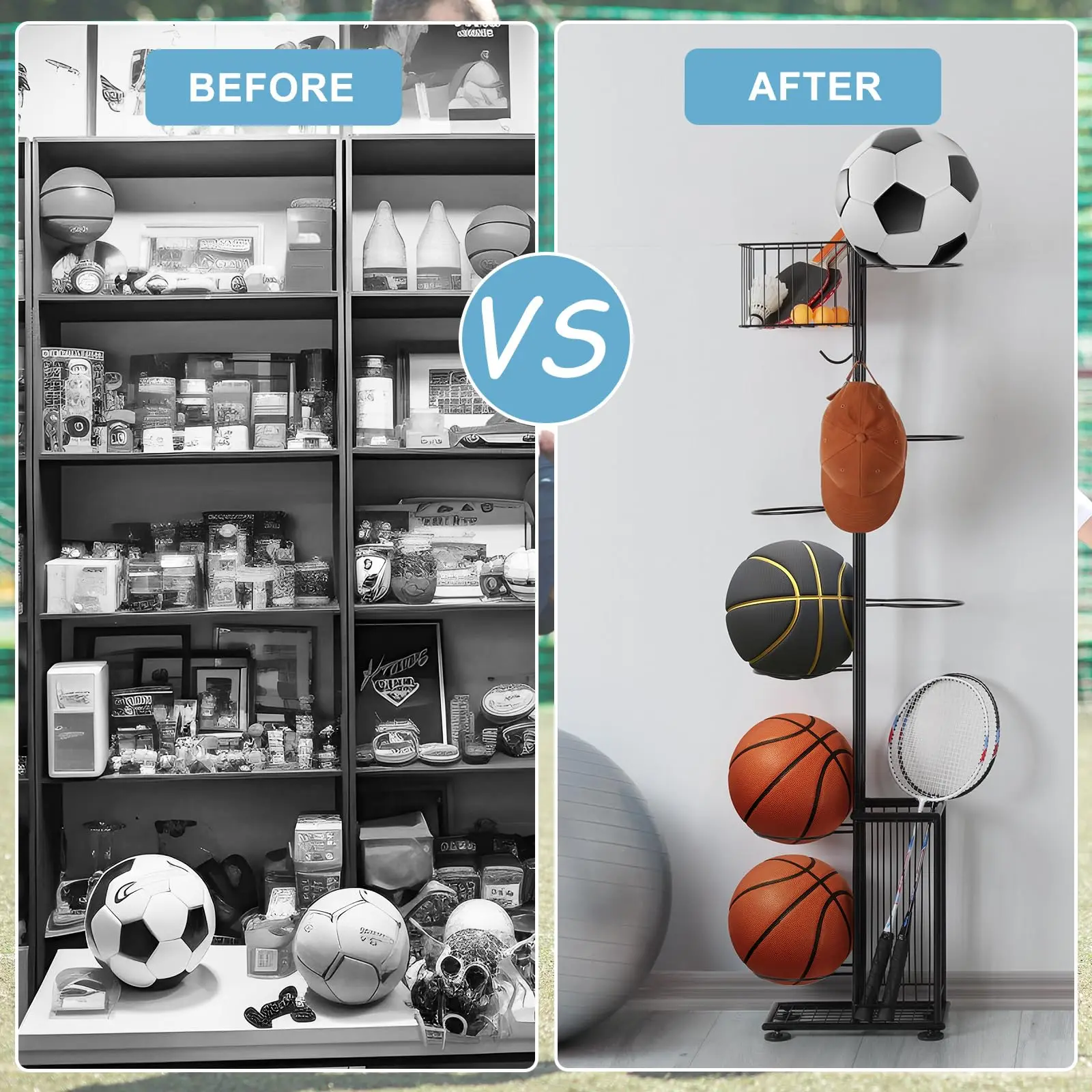 Portaoggetti per palline da basket Portaoggetti da basket verticale a 7 livelli Organizzatore di stoccaggio sportivo per palline da garage