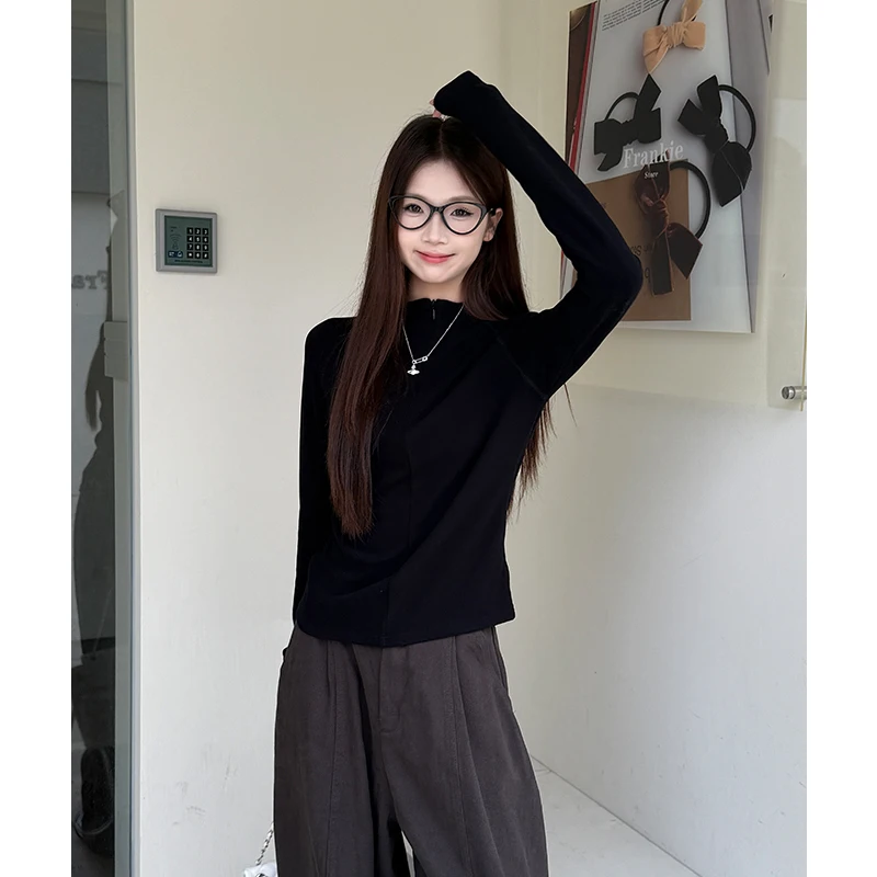 Womens Shirt Velvet Half High Collar Fish Bone Half Zipper T-Shirt Autumn Winter New