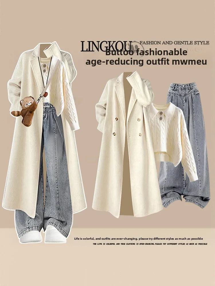 

Fashionable Knitted Sweater And Jeans Three-Piece Set for Women Autumn Winter Loose Fit Collar Long Sleeve Casual Wear