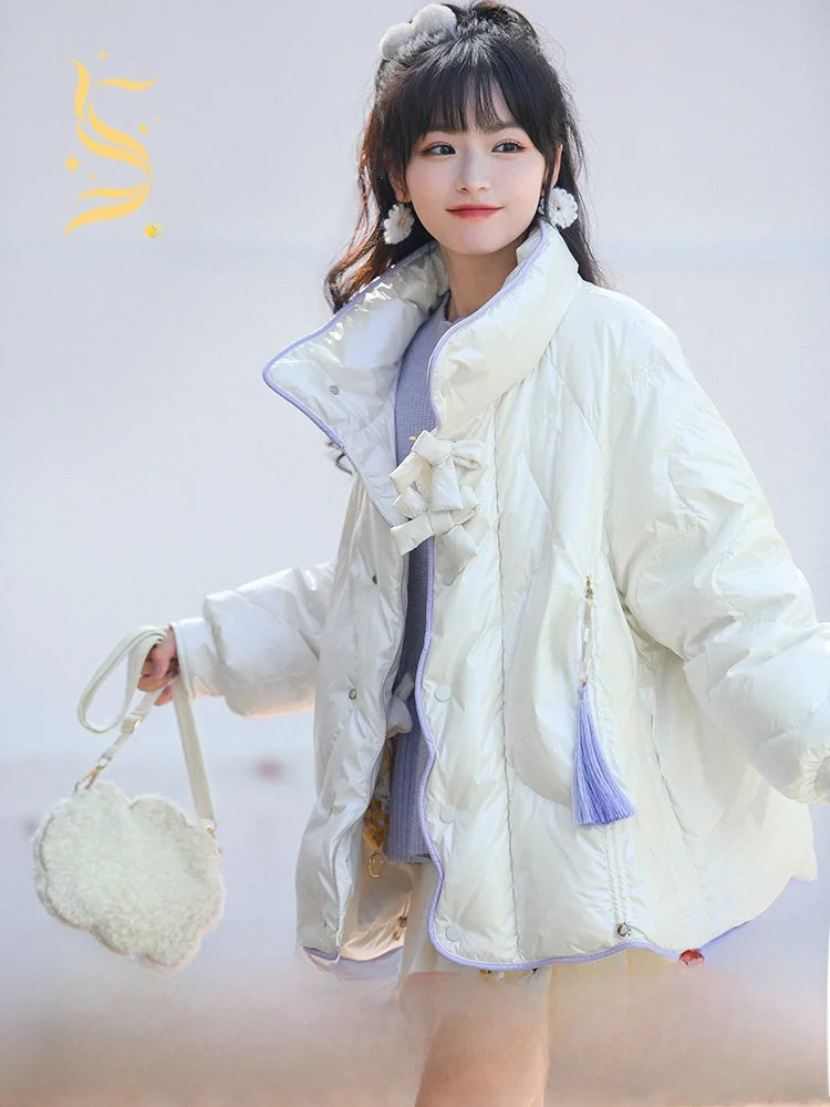 

Утепленная куртка-пуховик Thirteen Surplus с вышивкой и бахромой, без капюшона, из нейлона, теплая, белая, современный стиль