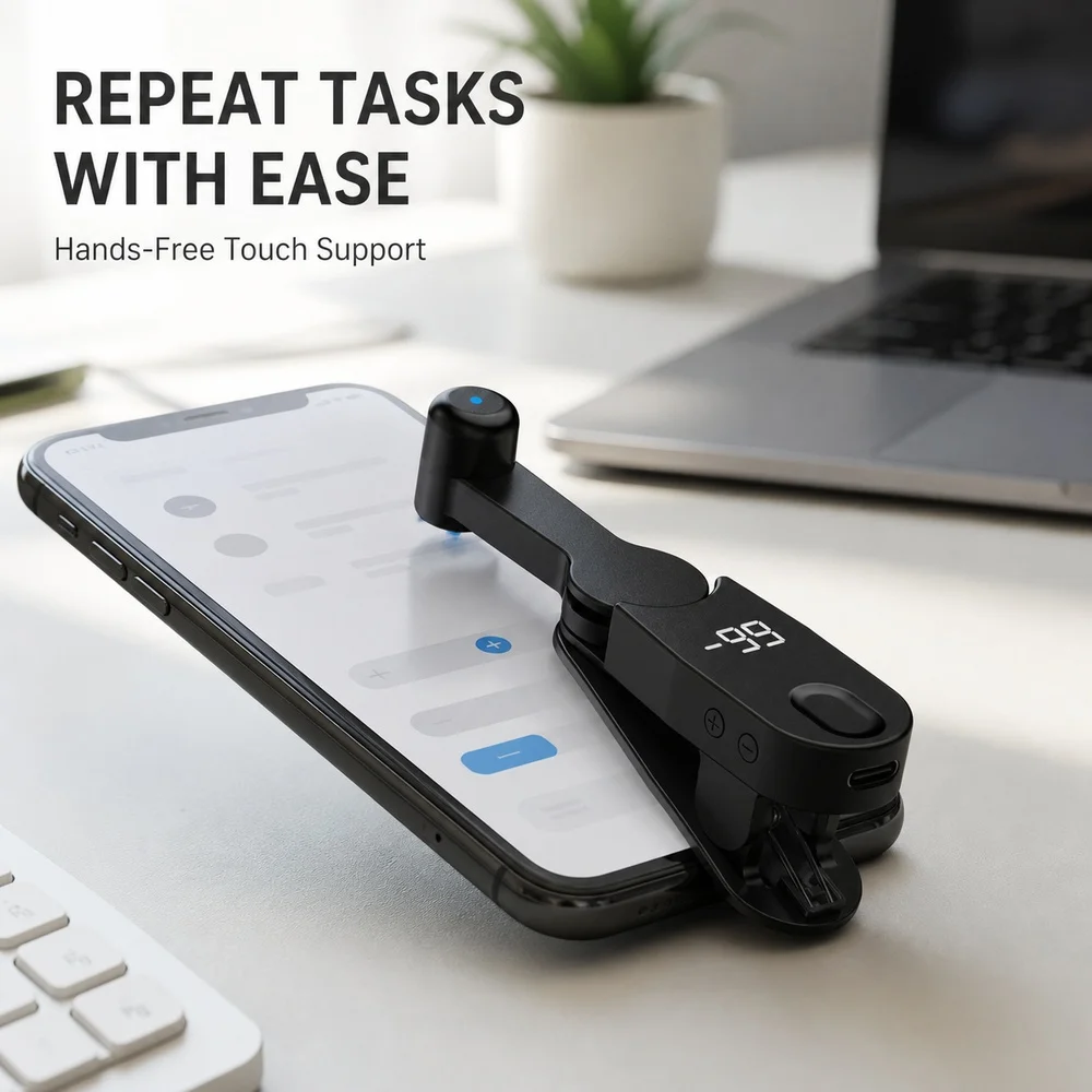 Mini Auto Tapper for Touch Screen 180 Degree Rotating Clip Digital Counter Adjustable Speed USB-C Power for Phone Tablet