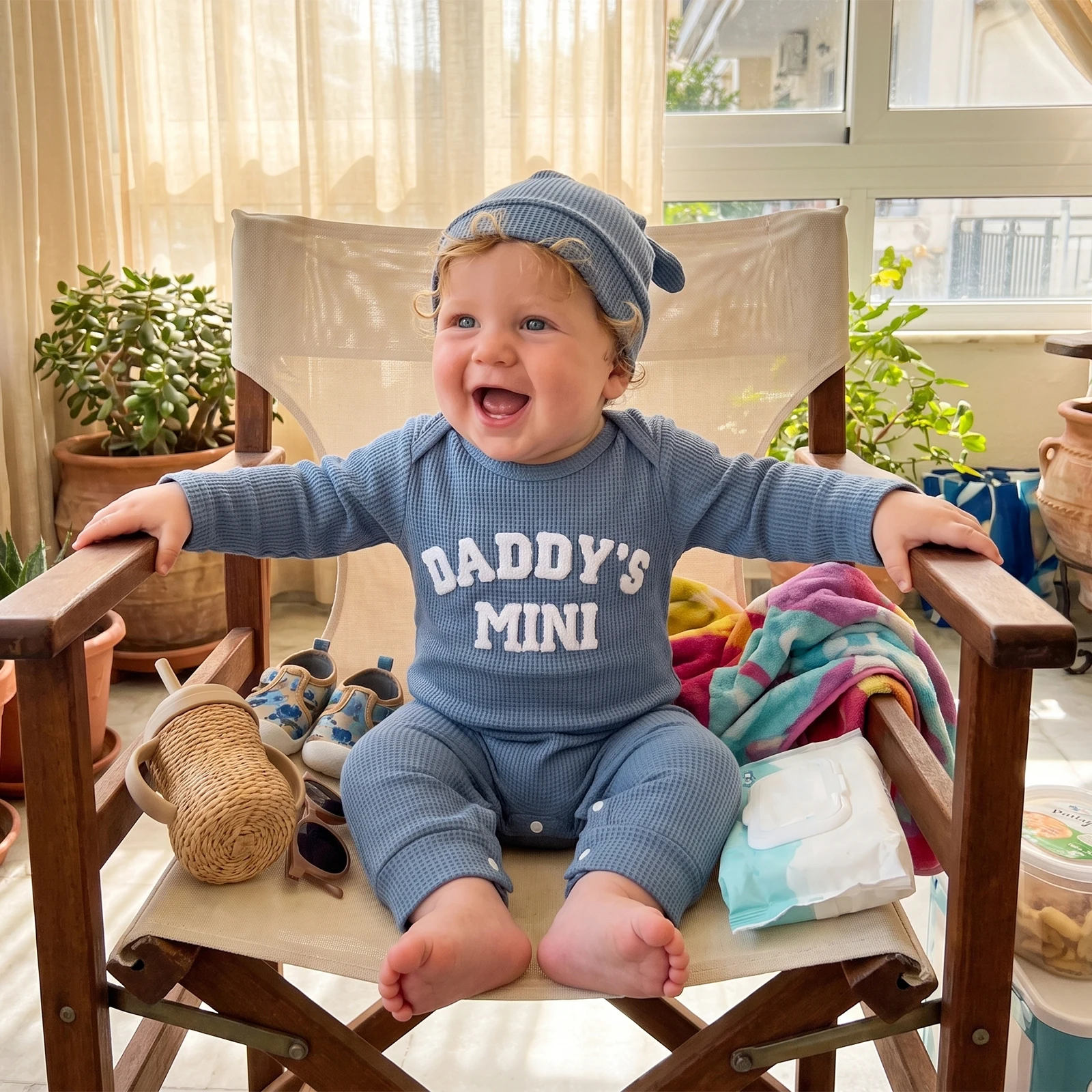 Baby Boy Fall Romper Waffle Letter Embroidery Crew Neck Bodysuits with Hat