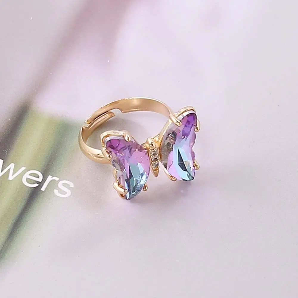 Adjustable Girls Gradient Color Women Crystal Finger Rings Butterfly Open Ring Fashion Jewelry