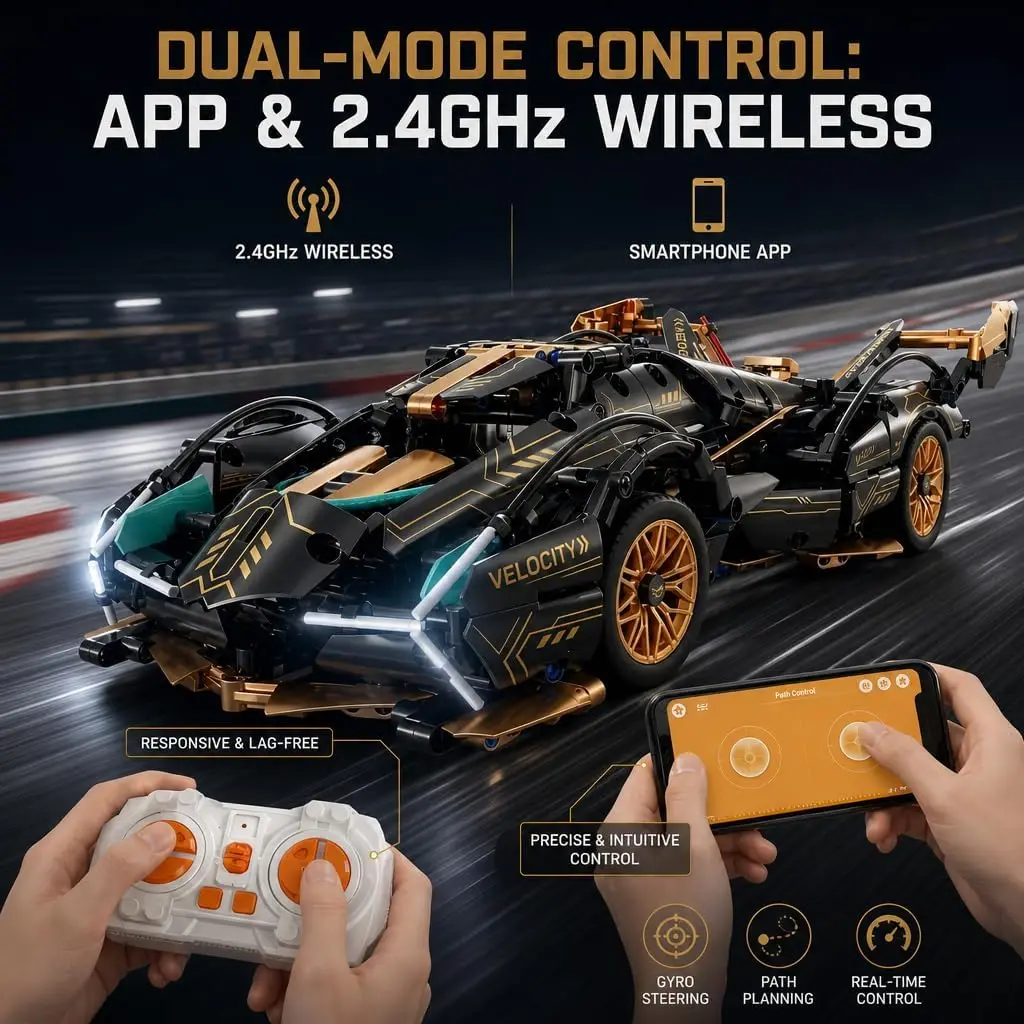 1:14 Scale App-Controlled Building Car Kit with 975 Pieces, LED Lights, Motorized Functions, Dual Control - Ideal for Collection, Display, and Gifting