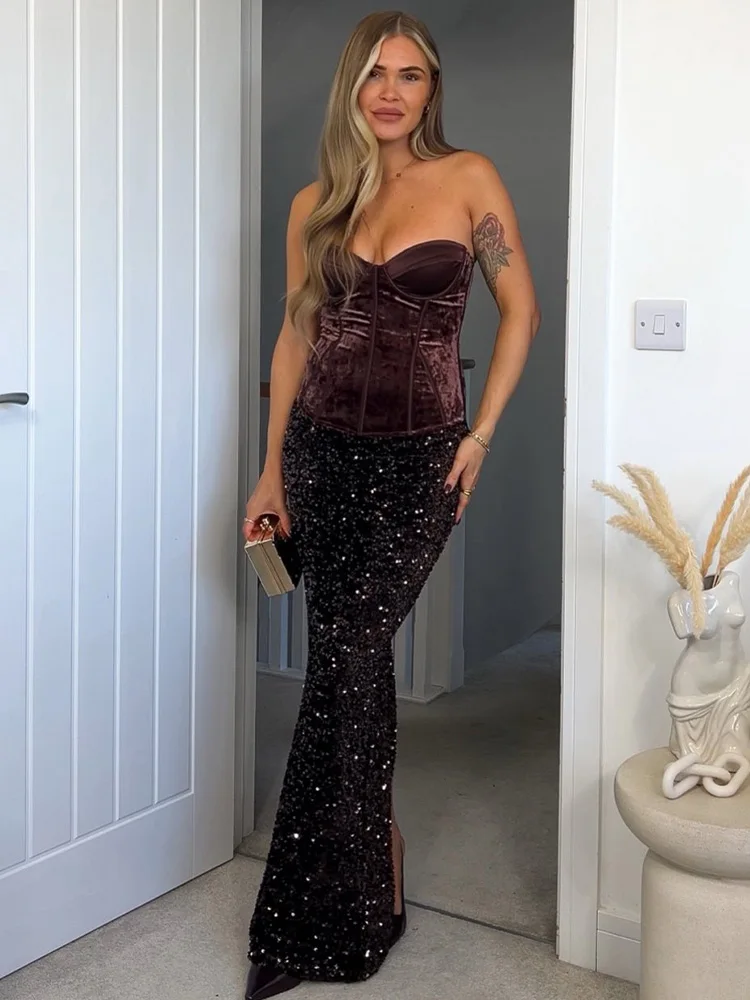 HH Trendy Women's Summer Fashion Elegant Party Skirts Solid High Waist Sequin Decoration Slit Female Sexy Slim Long Skirt Skirt