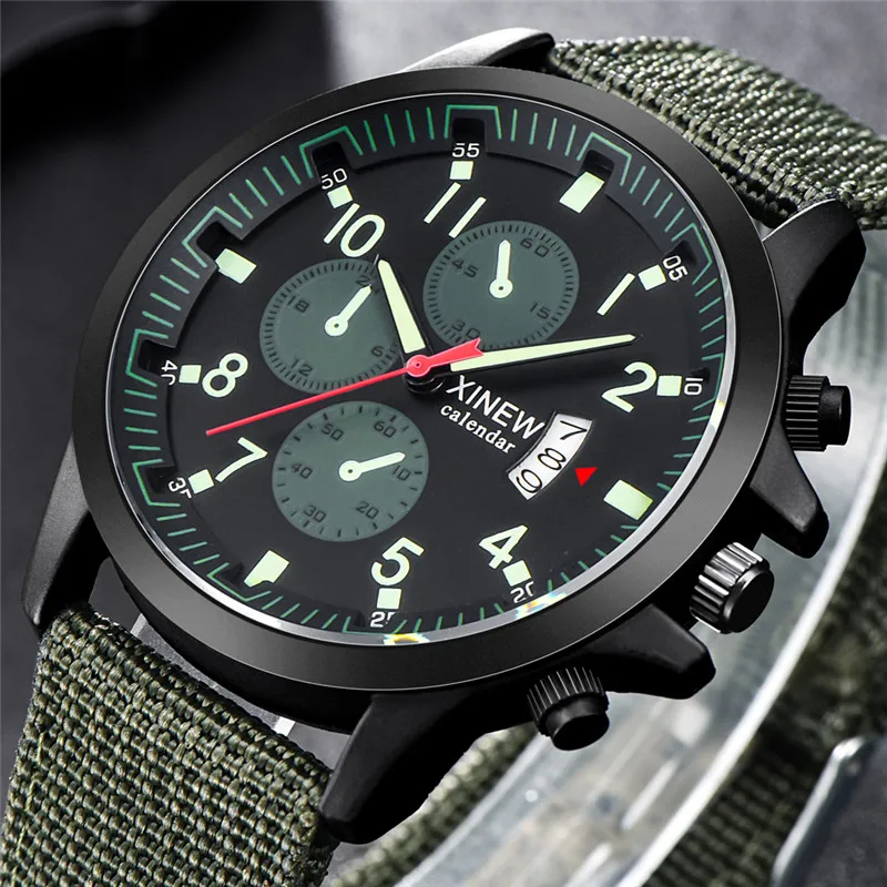 Uomini originali XINEW marca orologi economici moda cinturino in Nylon esercito sport data orologio al quarzo nero Erkek Barato Saat Montre Homme