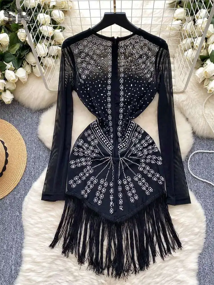 BabYoung Perlen Quaste Frauen Langarm O Hals Mode Mesh Elastische Reißverschluss Design 2024 Sheer Senior Party Kleider